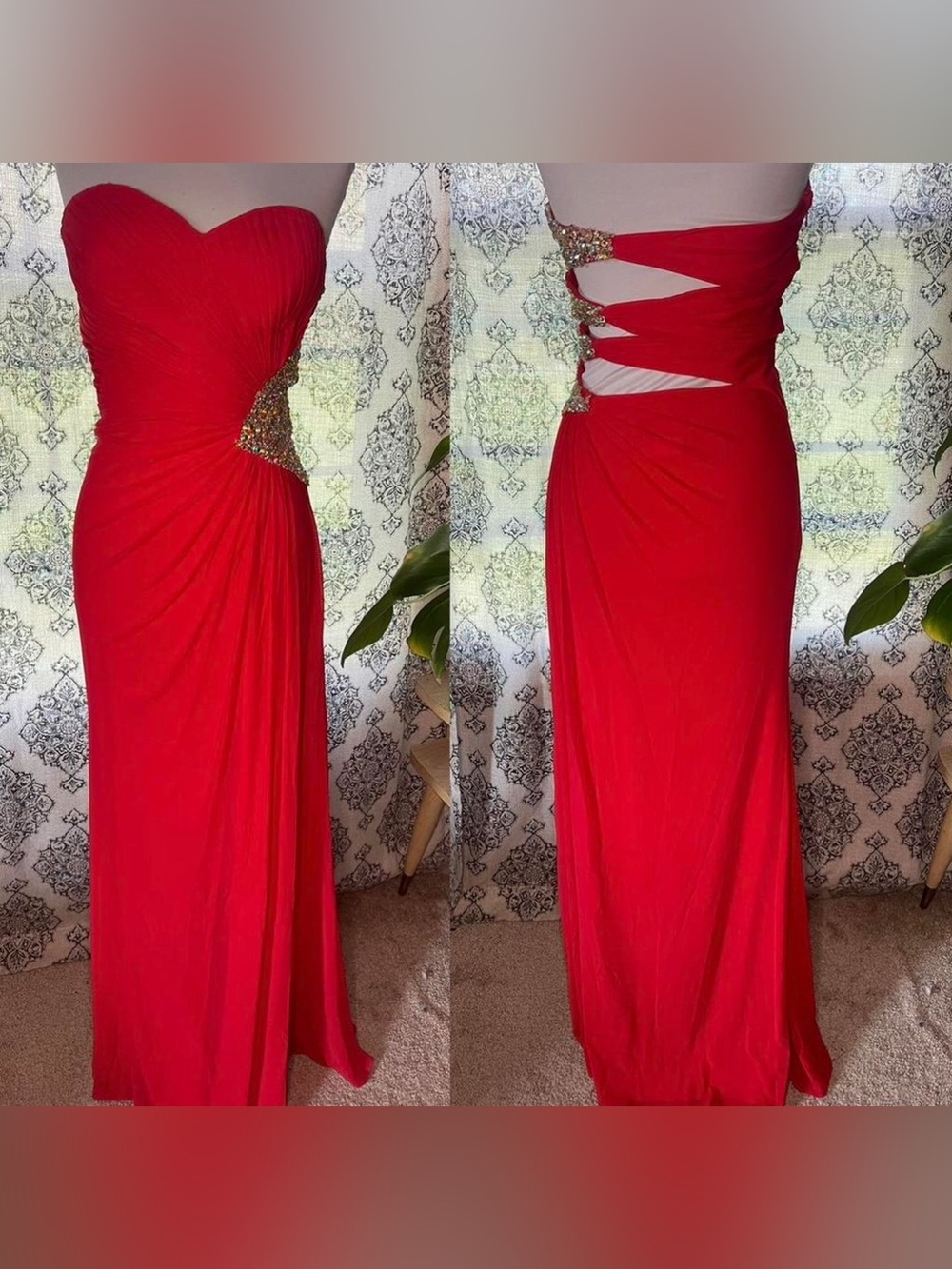 La Femme Red Strapless Evening Gown with Bejeweled Side Cutouts